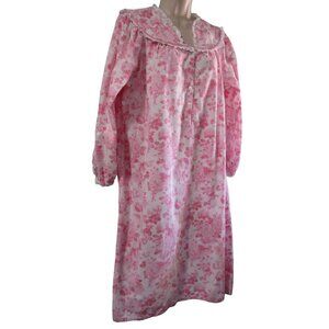 Modest Flannel Nightgown Pink Rose National Ladies M Missing Button Vintage GUC